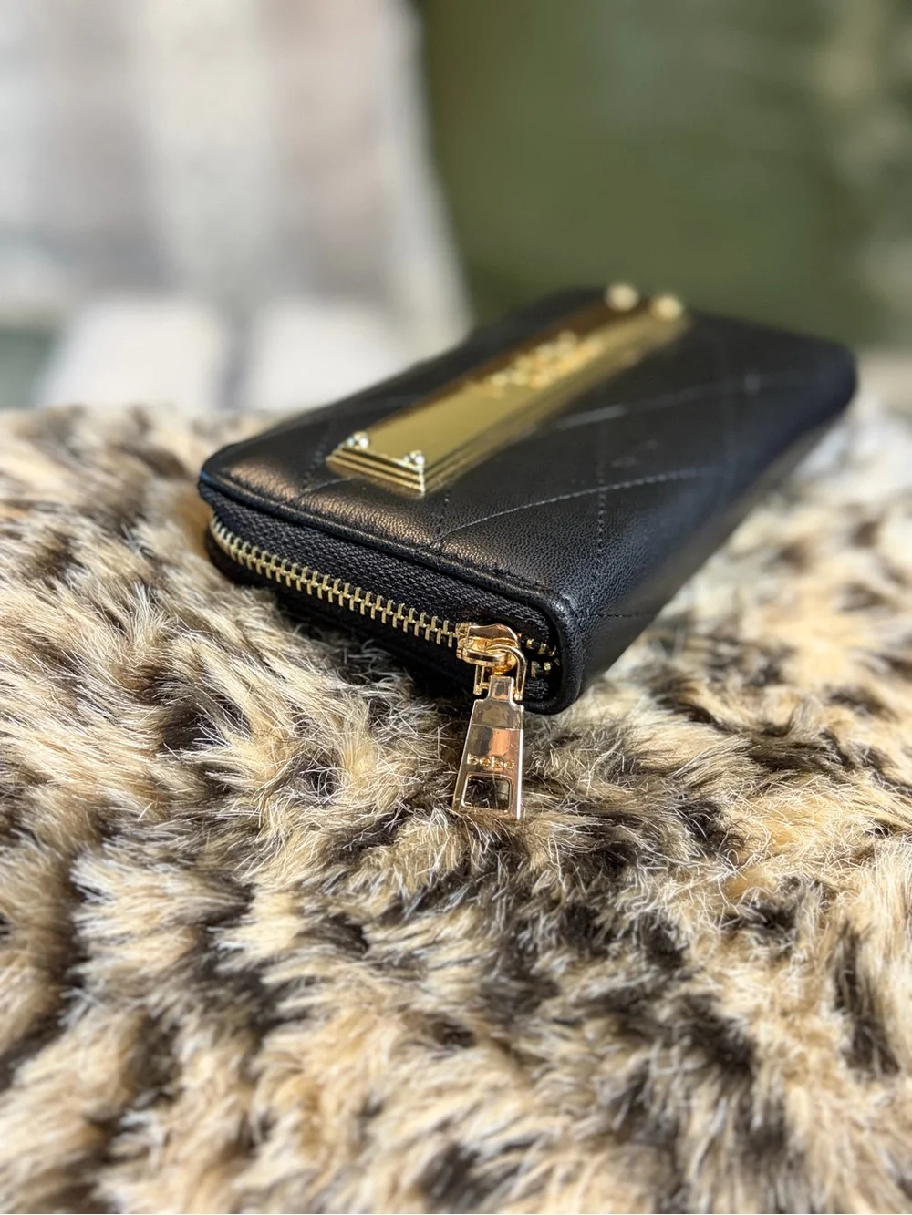 bebe Black Quilted Zip Wallet with Gold Logo Plaque #1329